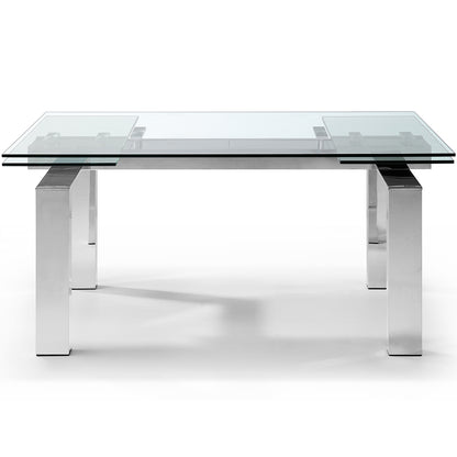 Cuatro | Extendable Rectangular Dining Table, Tempered Glass Table Top, Stainless Steel Base, DT1234  Brand: Whiteline Modern Living  Size: 63inW x 35inD x 30inH; Extended: 98inW x 35inD x 30inH Weight: 272lb, Shape: Rectangular Material: Top: 1/2" Tempered Clear Glass, Aluminum plates, Base: Stainless Steel;  Seating Capacity: Seats 6-8 people; Color: Stainless Steel Color