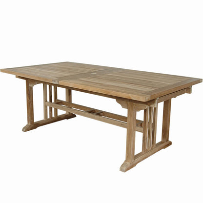 Double Extendable Table, Rectangular, Teak Wood Brand: Anderson Teak; Size: 126inW x 43inD x 29inH Weight: 190lb; Shape: Rectangular; Material: Teak Wood Seating Capacity: Seats 10-12 people; Color: Neutral teak color; light wood TBX-126RD