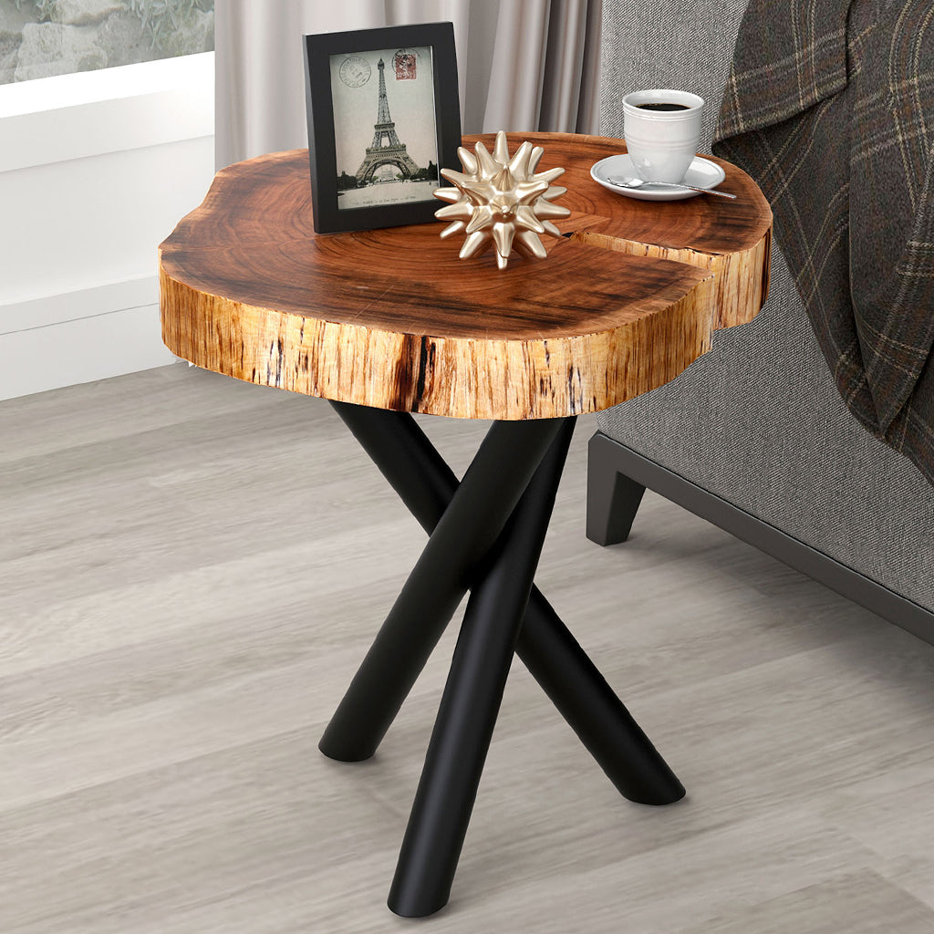 Shlok | Live Edge Tree Stump End Table, Acacia Top, Metal Legs, 501-516BK