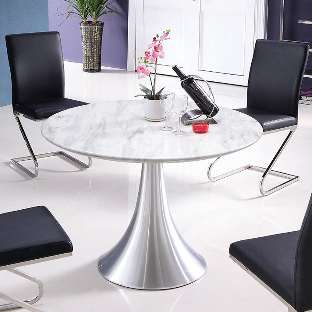 Marble Round Table, Marble Top, Stainless Steel Base, For 2-4 peoples Brand: Whiteline Modern Living; Size: 43inD x 30inH; Weight: 180lb Shape: Round; Material: Top: Artificial Jazz White Marble; Base: Stainless Steel Seating Capacity: Seats 2-4 people; Color: White Marble Top, Stainless Steel Base, DT1469-WHT