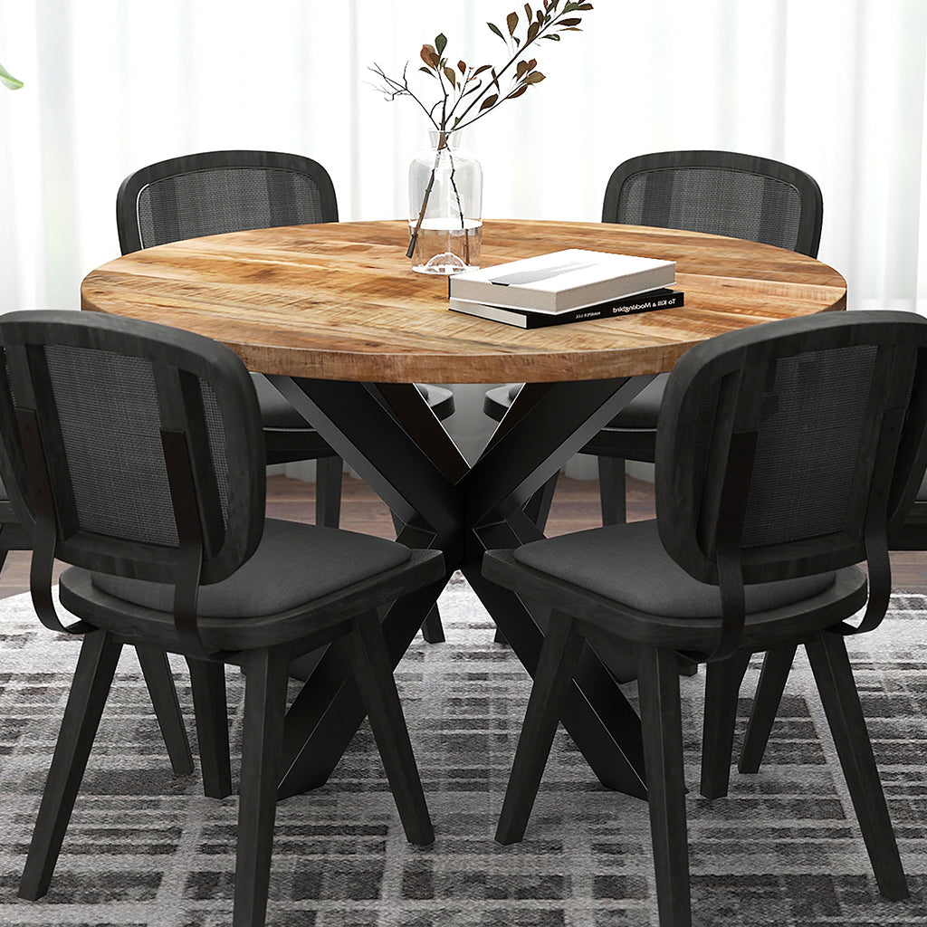 Arhan | Solid Wood Round Dining Table, Mango Top, Iron Base, 4 Seater, 201-580NT