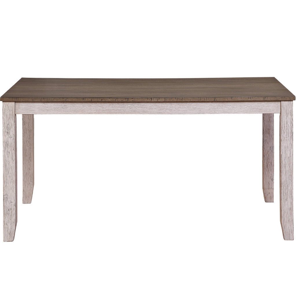 Benzara Dining Table, Rectangular, Wooden Chamfered Legs, Antique White and Brown, BM220909 Size: 60inW x 36inD x 30inH Weight: 74.75lb; Shape: Rectangular Material: Solid Wood, Engineered Wood and Veneer; Chemicals: Formaldehyde Seating Capacity: Seats 4-6 people; Color: White and Brown