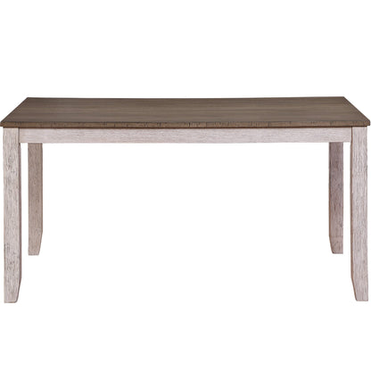 Benzara Dining Table, Rectangular, Wooden Chamfered Legs, Antique White and Brown, BM220909 Size: 60inW x 36inD x 30inH Weight: 74.75lb; Shape: Rectangular Material: Solid Wood, Engineered Wood and Veneer; Chemicals: Formaldehyde Seating Capacity: Seats 4-6 people; Color: White and Brown