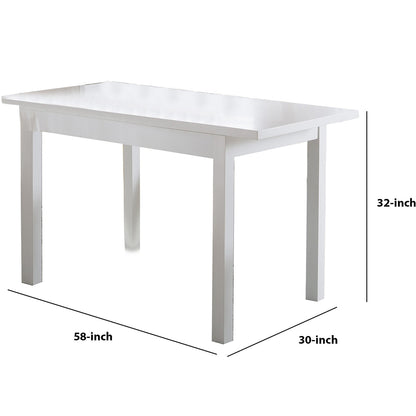 Benzara, Gloss White Dining Table with Straight Legs, Rectangular, Wooden Frame, BM214728 Size: 58inW x 31.5inD x 30inH Weight: 46lb; Shape: Rectangular; Material: MDF and Wood Chemicals: Formaldehyde; Seating Capacity: Seats 2-4 people; Color: White