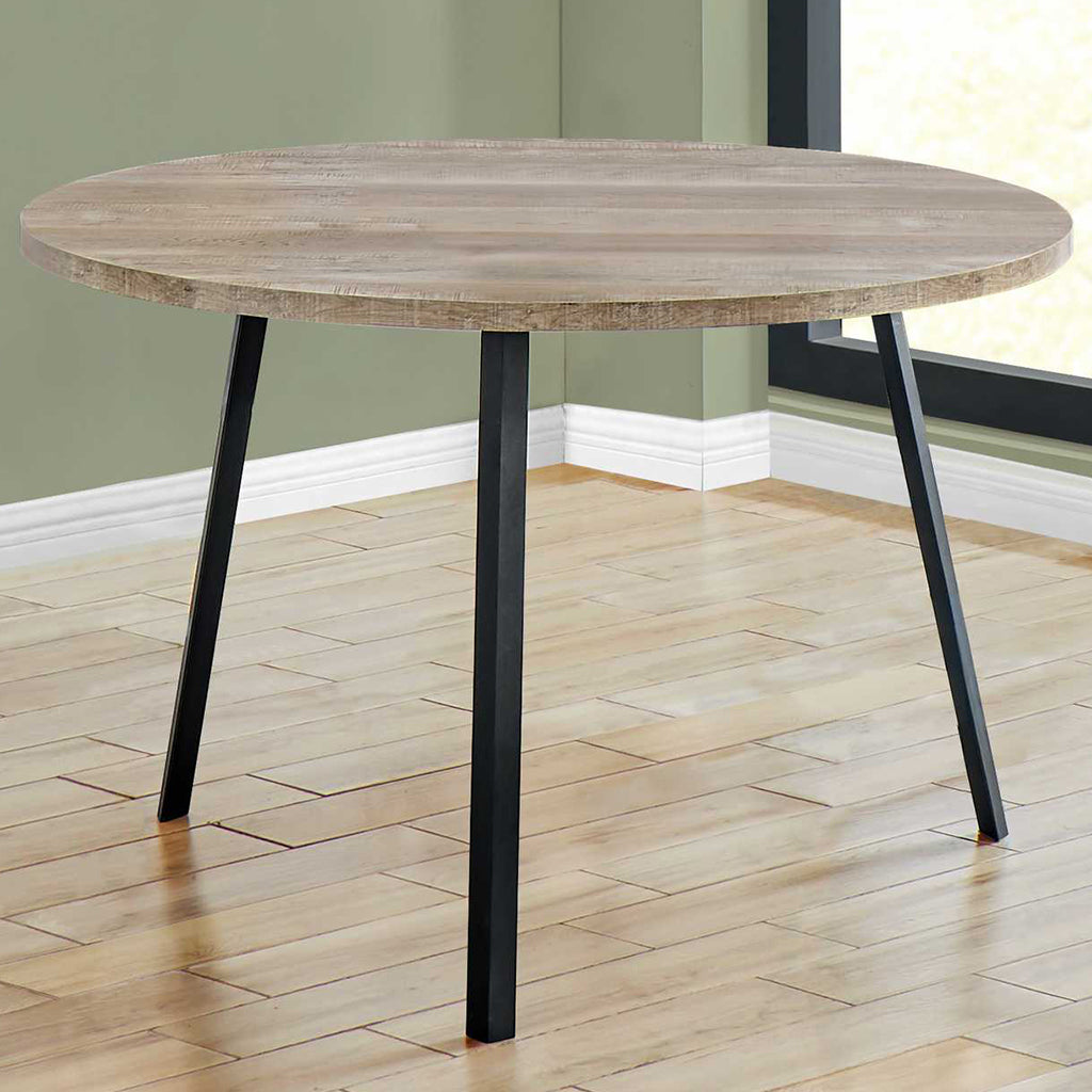 47" Round Taupe Compact Dining Table For 4, Reclaimed Wood, Metal Legs, 4512822897998, Brand: Homeroots, Size: 47.25inW x 47.25inD x 29.5inH, Weight: 48lb, Shape: Round, Material: Top: Reclaimed Wood, Legs: Metal, Seating Capacity: Seats 2-4 people, Color: Top: Taupe, Base: Black