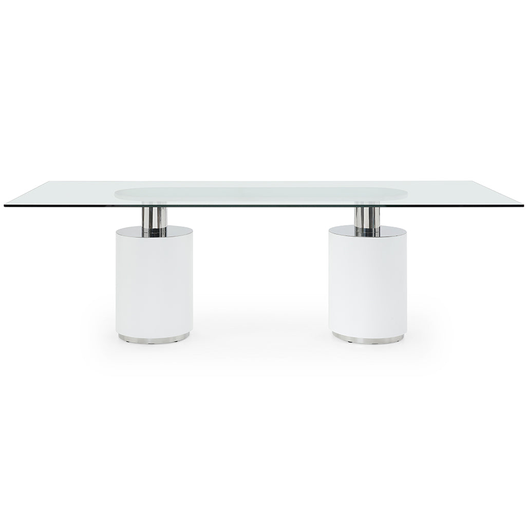 Mandarin | Modern Marble Dining Table, Extendable Glass Top, DT1660-WHT Size: 94inW x 39inD x 30inH; Weight: 372lb; Shape: Rectangular; Material: Top: 1/2" Tempered Glass; Base: Marble with Polished Stainless Steel Legs; Seating Capacity: Seats 6-8 people; Color: White Base