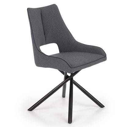 Grey dining chairs with fabric upholstery and powder-coated steel legs