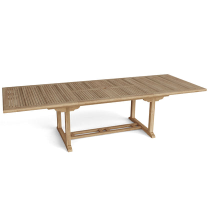 117" Table with Double Extensions, Rectangular, Teak Wood Brand: Anderson Teak; Size: 117inW x 43inD x 29inH Weight: 195lb; Shape: Rectangular; Material: Teak Wood Seating Capacity: Seats 10-12 people; Color: Neutral teak color; light wood TBX-117RD