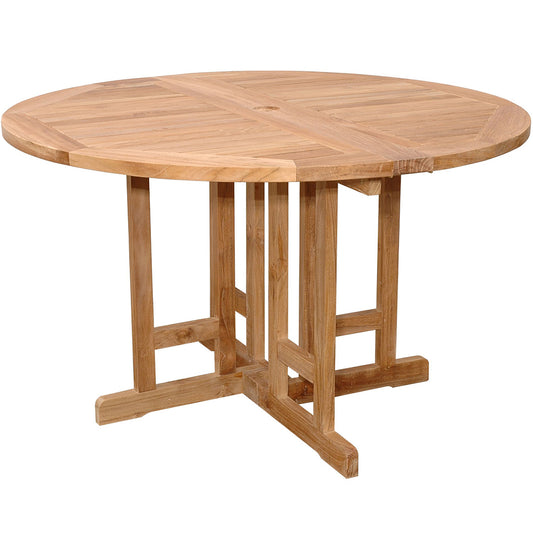 Butterfly | 47" Round Folding Table, Teak Wood Brand: Anderson Teak; Size: 47inW x 47inD x 29inH Weight: 85lb; Shape: Round; Material: Teak Wood Seating Capacity: Seats 2-4 people; Color: Neutral teak color; light wood, TBF-047BR