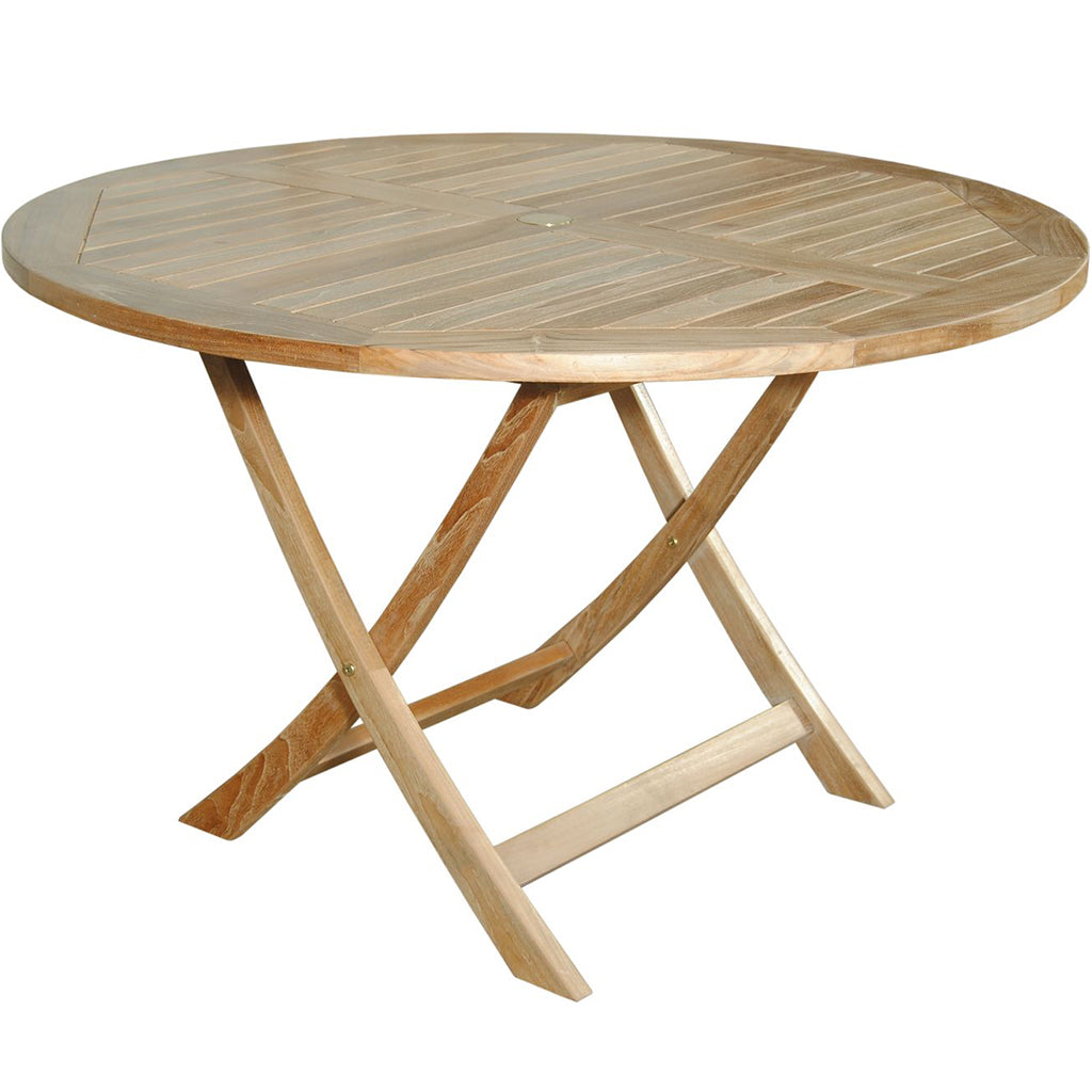 47" Round Teak Table Outdoor Folding Table, Easy To Carry Brand: Anderson Teak; Size: 47inW x 47inD x 29inH Weight: 85lb; Shape: Round; Material: Teak Wood Seating Capacity: Seats 2-4 people; Color: Neutral teak color; light wood, TBF-047R