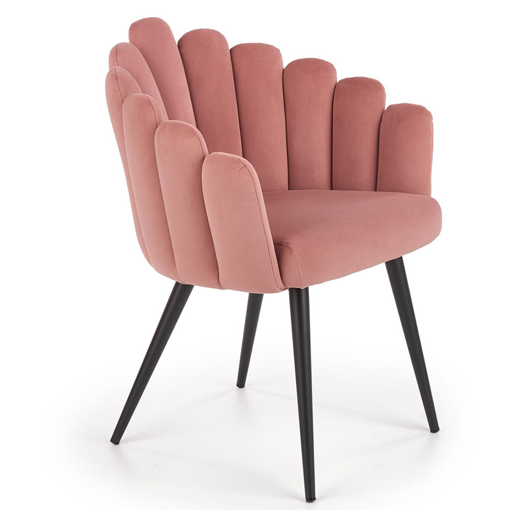 Dusty rose dining chair with fabric upholstery and sleek powder-coated steel legs