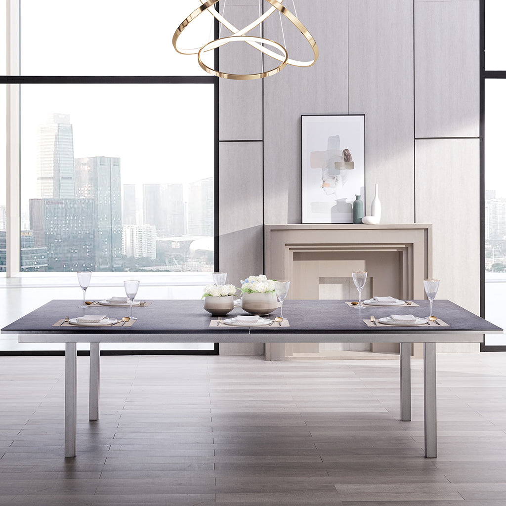 Convertible Ping Pong Dining Table, Gaming Table, Ping Pong Set Included, DT1700TT-DGRYDining table ping pong set included. Brand: Whiteline Modern Living; Size: 108inW x 60inD x 30inH; Weight: 440lb; Shape: Rectangular; Material: Top: Ceramic Glass; Frame and Legs: Metal Seating Capacity: Seats 6-8 people; Color: Dark Grey