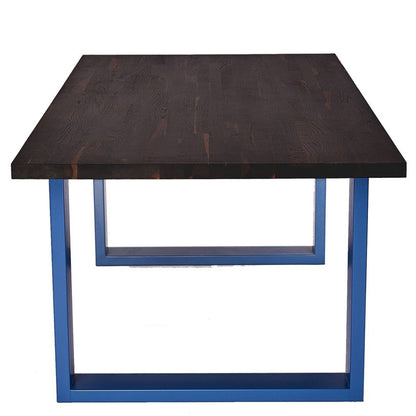 Milan | Table With U Shape Legs, Rectangular, Solid Oak Blue Table, MH004 Brand: Maxima House, Size: 74.4inW x  38.9inD x  29.5inH Weight: 188lb, Shape: Rectangular, Material: Top: Solid Oak Wood Seating Capacity: Seats 4-6 people, Color: Top: Dark Wood, Base: Blue