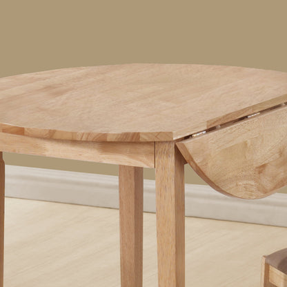 Round Drop Leaf Table For 2, Solid Wood Set With Chairs, 332560 Brand: Homeroots, Table Size: 35inW x 35inD x  30inH, Chair Size: 14.5inW x  15.5inD x  32.5inH, Seat Height: 17in, Table Shape: Round, Material: MDF & Solid Wood, Seating Capacity: Seats 2, Color: Beige & Natural Wood Color