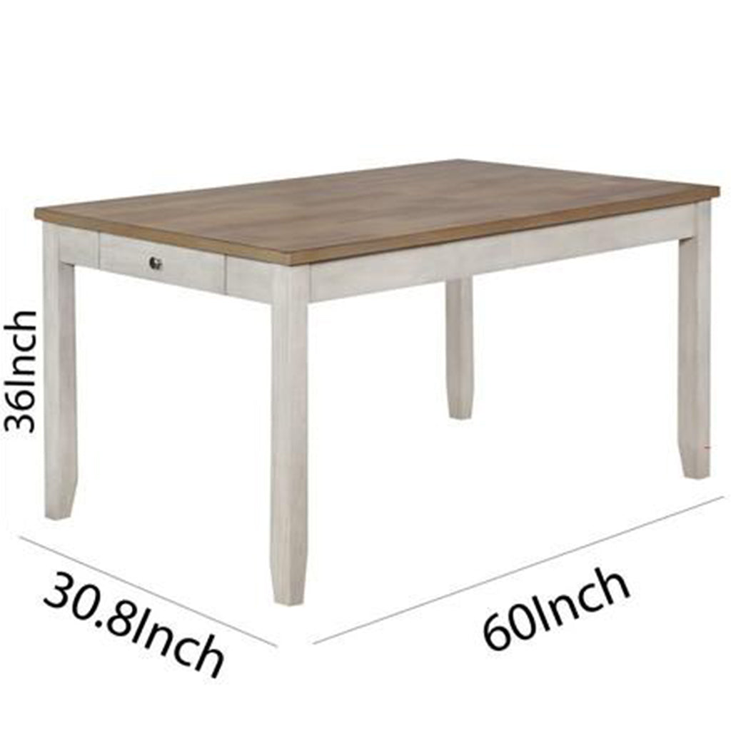 Benzara Side Drawer Table with Chamfered Feet, Rectangular, Wooden, White and Brown, BM214731 Size: 60inW x 36inD x 30.8inH Weight: 96lb; Shape: Rectangular; Material: Solid Wood Chemicals: Formaldehyde ; Seating Capacity: Seats 4-6 people; Color: White, Brown