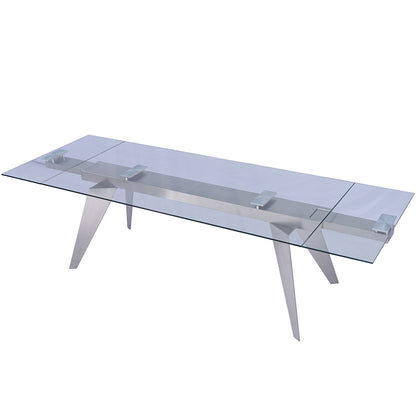 Solid Glass Table, Rectangular, Tempered Glass Top, Stainless Steel Mechanism, Stainless Steel Legs, DT1427 Brand: Whiteline Modern Living; Size: 79inW x 40inD x 31inH Extended: 110inW x 40inD x 31inH; Weight: 301lb; Shape: Rectangular Material: Top: 1/2" Tempered Clear Glass;  Mechanism: Stainless Steel; Legs: Stainless Steel Seating Capacity: Seats 6-8 people; Color: Stainless Steel Color