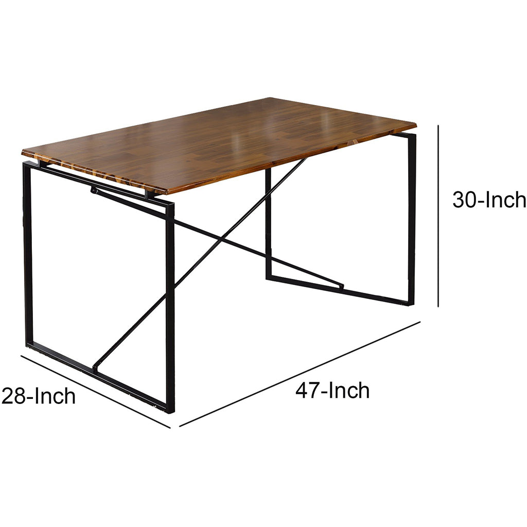 Benzara Metal Base Table, Rectangular, Solid Wood Top, Black and Brown, BM209583 Size: 47inW x 28inD x 30inH Weight: 33lb; Shape: Rectangular; Material: Solid Wood, Veneer and Metal Seating Capacity: Seats 2-4 people; Color:  Black and Brown