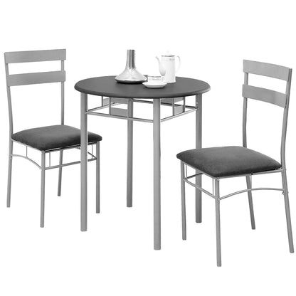 Sliver and Black Color Round Dining Set for 2, Round Dining Table & 2 Chairs, 333024 Brand: Homeroots, Table Size: 30inW x 30inD x 30inH, Chair Size: 16.5inW x 18.5inD x 36inH, Seat Height: 17.5in, Table Shape: Round, Material: MDF & Metal, Seating Capacity: Seats 2, Color: Black & Silver Color