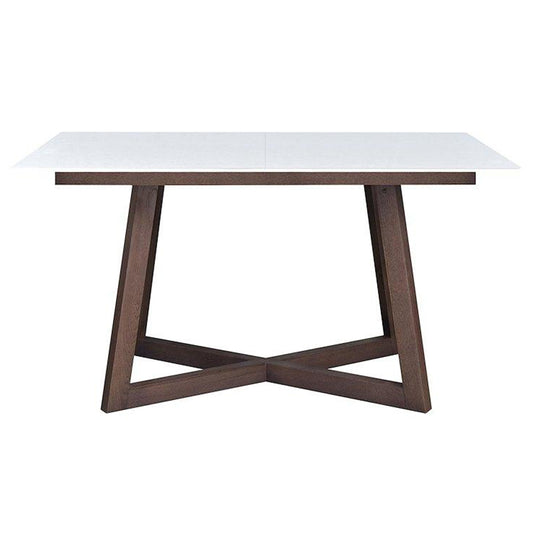 Brish | 6 Person Dining Table, Beech, Rectangular, Solid Extendable, DT0009 Brand: Maxima House Size: 55.1inW x  33inD x  30inH, Extended: 74.8inW x 33inD x  30inH Weight: 105.8lb, Shape: Rectangular  Material: Top: Tempered Glass, Base: Beech Wood, Seating Capacity: Seats 4-6 people Color: Top: White , Base: Dark Wood Color