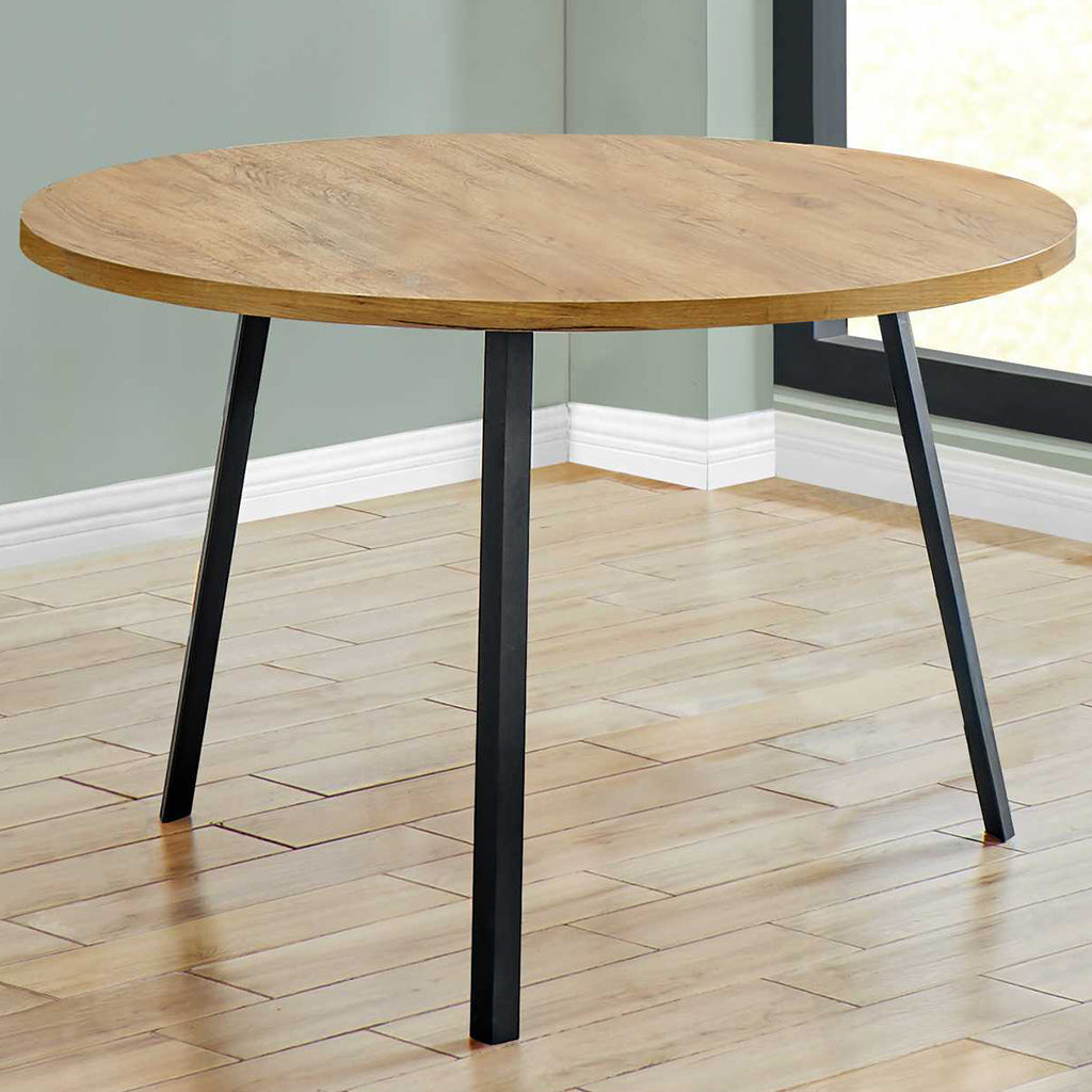 47" Wood Round Dining Table, Reclaimed Wood, Metal Legs, 4 Seater, 4512822897974 Brand: Homeroots, Size: 47.25inW x 47.25inD x 29.5inH, Weight: 48lb, Shape: Round, Material: Top: Reclaimed Wood, Legs: Metal, Seating Capacity: Seats 2-4 people, Color: Top: Natural Wood Color, Base: Black