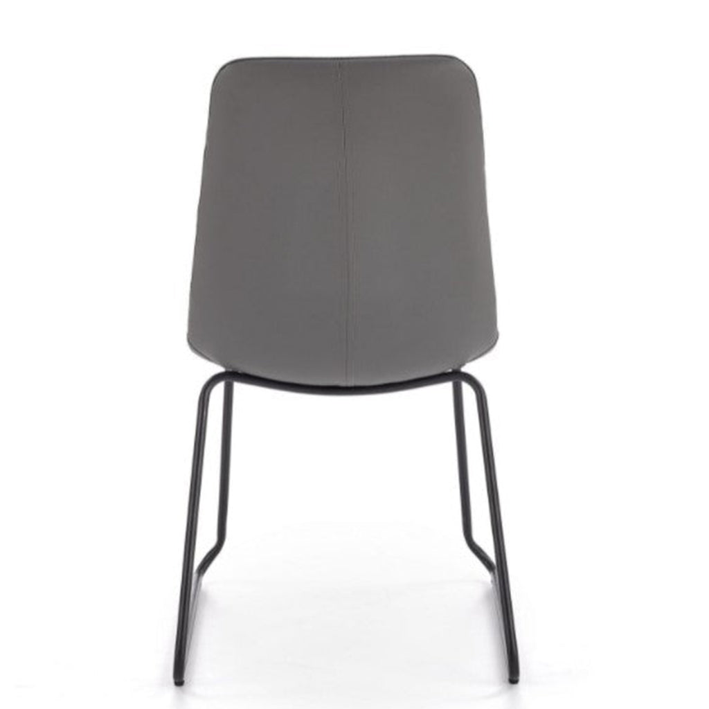 Gray dining room chairs with gray fabric upholstery and powder-coated steel legs