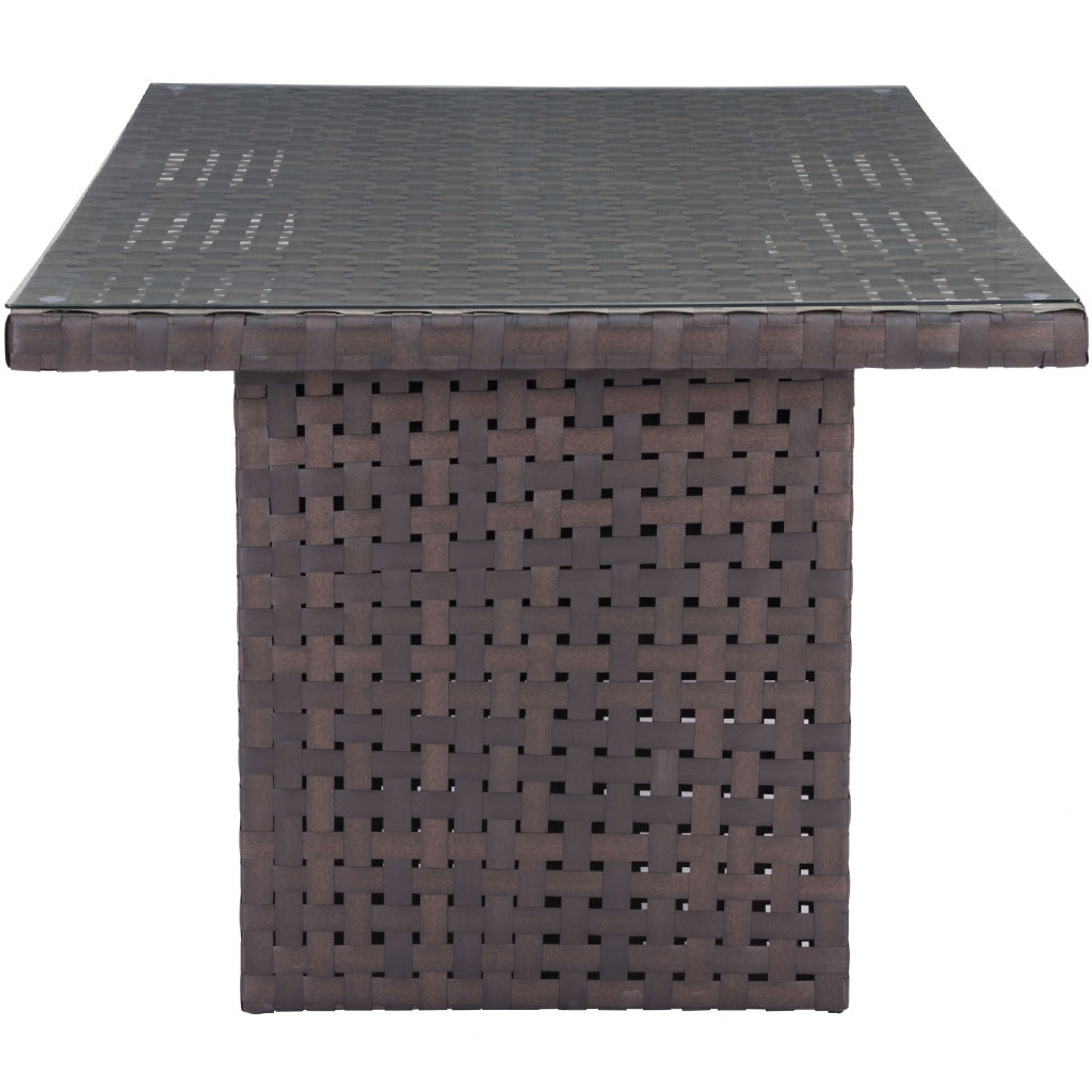 Easy To Carry Outdoor Synthetic Weave & Glass Dining Table, Rectangular, 4512839544816, Brand: Homeroots, Size: 67.3inW x  39.4inD x  29inH, Weight:  75lb, Shape: Rectangular, Material: Synthetic Weave, Tempered Glass Top, Seating Capacity: Seats 4-6, Color: Brown