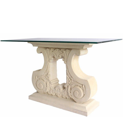 Elysees | Entryway Cast Stone Table, Rectangular, Limestone Base, Glass Top, TB-G3329-47; Size: 47inW x 26inD x 29inH; 33inW x 12inD (Base); Weight: 125lb; Shape: Rectangular; Material: Base: Limestone (Cast Stone); Top: 3/8" thick glass; White Natural Limestone Color