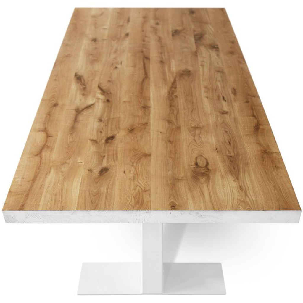 Grog Handmade White Base Farmhouse Style Dining Table For 10, Solid Oak Wood, SCANDI069, Brand: Maxima House, Size: 94.5inW x  39inD x  29.5inH, Weight: 199lb, Shape: Rectangular, Material: Solid Oak Wood, Seating Capacity: Seats 8-10 people, Color: Base: White, Top: Light Wood Color