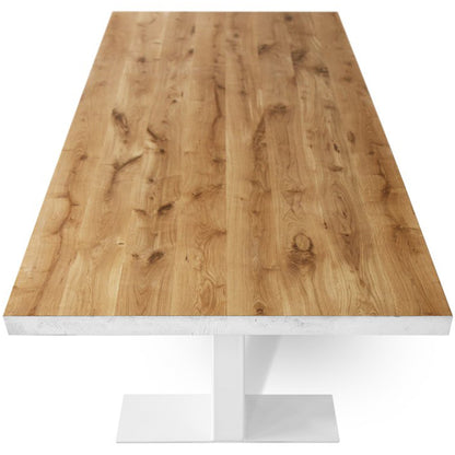 Grog Handmade White Base Farmhouse Style Dining Table For 10, Solid Oak Wood, SCANDI069, Brand: Maxima House, Size: 94.5inW x  39inD x  29.5inH, Weight: 199lb, Shape: Rectangular, Material: Solid Oak Wood, Seating Capacity: Seats 8-10 people, Color: Base: White, Top: Light Wood Color