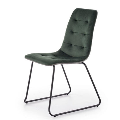 Green dining chairs with dark green fabric upholstery and powder-coated steel legs