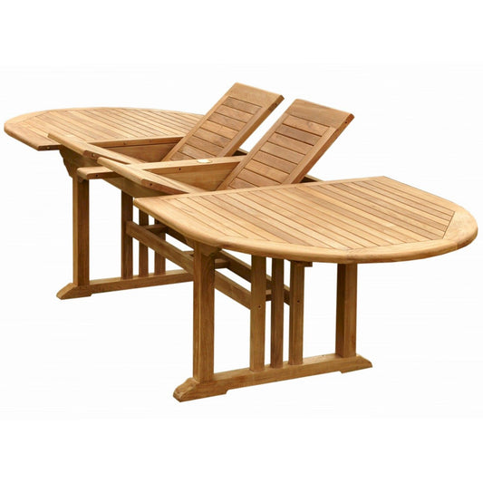 106" Oval Extendable Dining Table, Outdoor Table For 10, TBX-106VD Brand: Anderson Teak  Size: 106inW x 43inD x 29inH Weight: 170lb; Shape: Oval; Material: Teak Wood Seating Capacity: Seats 8-10 people; Color: Neutral teak color; light wood 