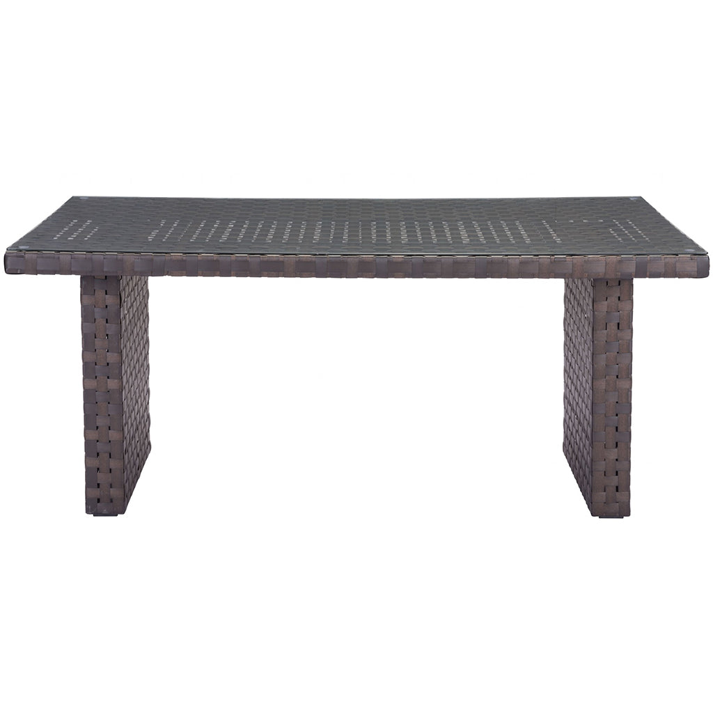 Easy To Carry Outdoor Synthetic Weave & Glass Dining Table, Rectangular, 4512839544816, Brand: Homeroots, Size: 67.3inW x  39.4inD x  29inH, Weight:  75lb, Shape: Rectangular, Material: Synthetic Weave, Tempered Glass Top, Seating Capacity: Seats 4-6, Color: Brown