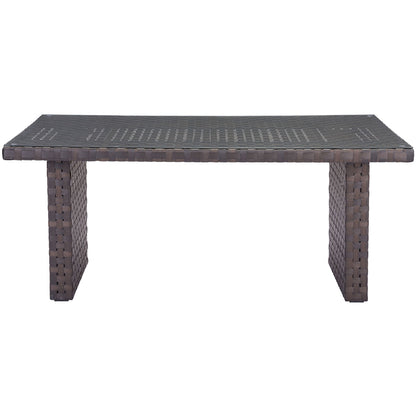 Easy To Carry Outdoor Synthetic Weave & Glass Dining Table, Rectangular, 4512839544816, Brand: Homeroots, Size: 67.3inW x  39.4inD x  29inH, Weight:  75lb, Shape: Rectangular, Material: Synthetic Weave, Tempered Glass Top, Seating Capacity: Seats 4-6, Color: Brown