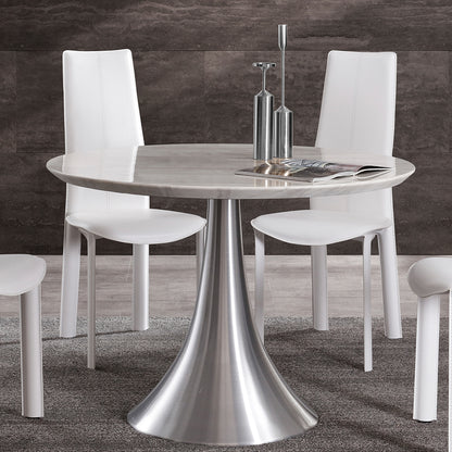 Marble Round Table, Marble Top, Stainless Steel Base, For 2-4 peoples Brand: Whiteline Modern Living; Size: 43inD x 30inH; Weight: 180lb Shape: Round; Material: Top: Artificial Jazz White Marble; Base: Stainless Steel Seating Capacity: Seats 2-4 people; Color: White Marble Top, Stainless Steel Base, DT1469-WHT