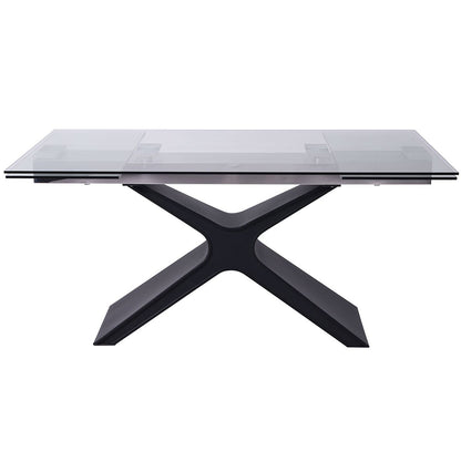 West | Modern Glass Metal Expandable Dining Table, Rectangular, X Base, DT1716-BLK Size: 63inW x 35inD x 30inH; Extended: 95inW x 35inD x 30inH Weight: 233lb; Shape: Rectangular Material: Top: 0.4in Tempered Clear Glass; Legs: Sanded Black Metal Seating Capacity: Seats 6-8 people; Color: Sanded Black Color