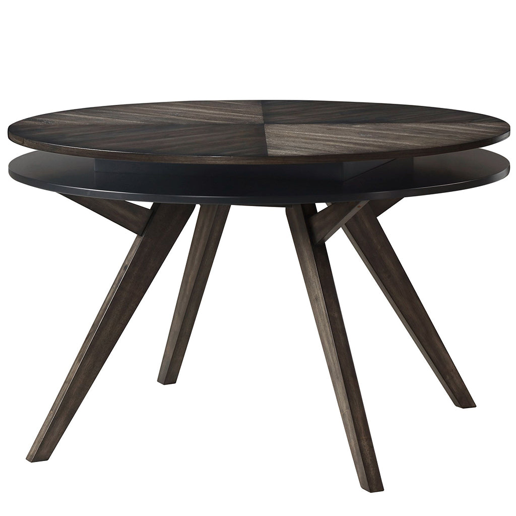 Lennox Round Table With Storage, Round Dining Table For 4, Contemporary Table, Rubberwood, Mindi Veneer, 5164-03 Brand: Alpine Furniture; Size: 47.5inW x 47.5inD x 30inH Weight: 104lb; Shape: Round; Material: Rubberwood Solids & Mindi Veneer Seating Capacity: Seats 2-4 people; Color: Dark Tobacco