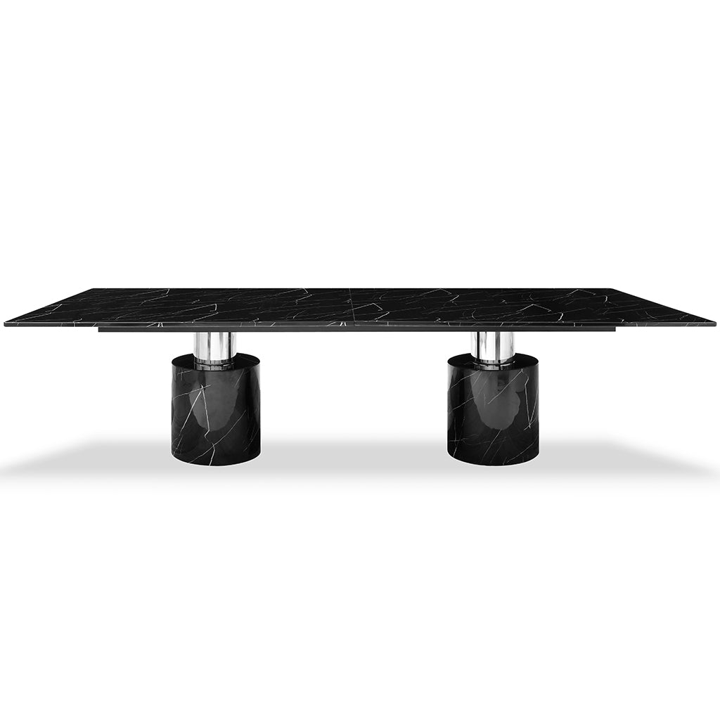 Black Marble Table, Rectangular, Black Marble Glossy Top, Polished Stainless Steel Base Brand: Whiteline Modern Living Size: 120inW x 48inD x 30inH; Weight: 982lb; Shape: Rectangular Material: Top: Black Marble; Base: Marble with Polished Stainless Steel Legs Seating Capacity: Seats 6-8 people; Color: Black, DT1640-BLK