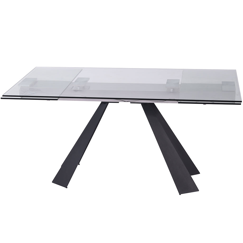 Chicago | Modern Extendable Glass Table For 8, Rectangular, Elegant, Tempered Clear Glass Top, Sanded Black Metal Legs, DT1717-BLK Size: 63inW x 35inD x 30inH; Extended: 95inW x 35inD x 30inH Weight: 211lb; Shape: Rectangular Seating Capacity: Seats 6-8 people; Color: Sanded Black Color