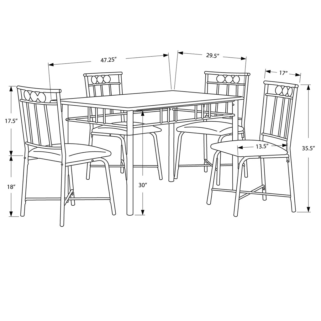 Brand: Homeroots  Table Size: 47.25inW x 29.5inD x 30inH  Chair Size: 13.5inW x 17.5inD x 35.5inH Seat Height: 18in  Table Shape: Rectangular Material: MDF & Metal Base, Microfiber Foam Seat With Metal Base Chairs  Seating Capacity: Seats 4 Color: Multicolor- Golden Color, Beige, Cappuccino 