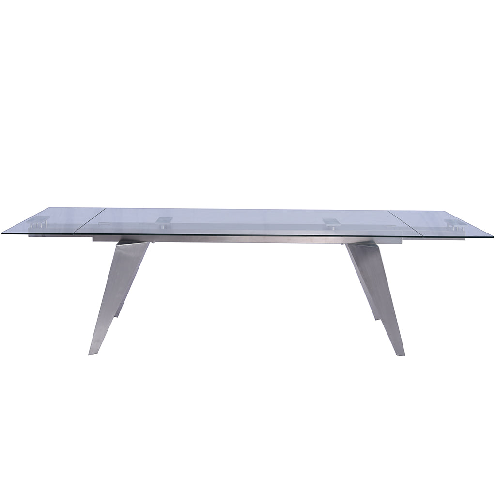 Solid Glass Table, Rectangular, Tempered Glass Top, Stainless Steel Mechanism, Stainless Steel Legs, DT1427 Brand: Whiteline Modern Living; Size: 79inW x 40inD x 31inH Extended: 110inW x 40inD x 31inH; Weight: 301lb; Shape: Rectangular Material: Top: 1/2" Tempered Clear Glass;  Mechanism: Stainless Steel; Legs: Stainless Steel Seating Capacity: Seats 6-8 people; Color: Stainless Steel Color