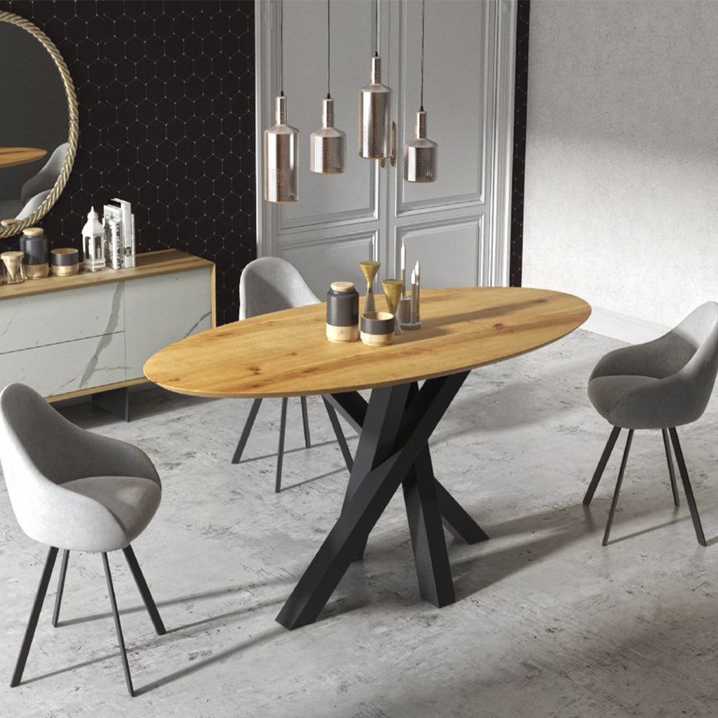 Alisa | Modern Oval Dining Table For 6, Wooden Top, Steel Legs, DT0042 Brand: Maxima House Size:  78.7inW x  39.3inD x  29.5inH, Weight: 163lb Shape: Oval, Material: Top: MDF & Oak Veneer, Base: Varnish coated steel  Seating Capacity: Seats 4-6 people, Color: Top: Natural Light Wood, Legs: Black