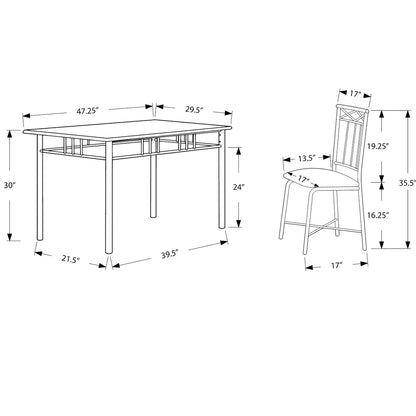 Indoor Dining Set, Rectangular Table & 4 Chairs, MDF & Metal Base, 332578 Brand: Homeroots, Table Size: 47.25inW x 29.5inD x 30inH, Chair Size: 17inW x 19.25inD x 35.5inH, Seat Height: 16.25in, Table Shape: Rectangular, Material: MDF & Metal Base, Faux Leather Seat With Metal Base Chairs, Seating Capacity: Seats 4, Color: Black & Dark Gray