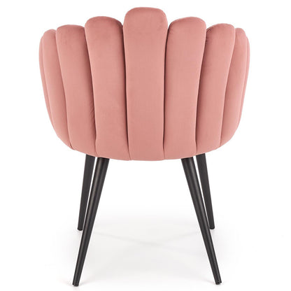 Dusty rose dining chair with fabric upholstery and sleek powder-coated steel legs