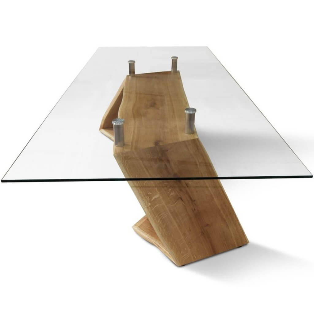 Maxima House Zorg Dining Table with tempered glass top and oak wood base.