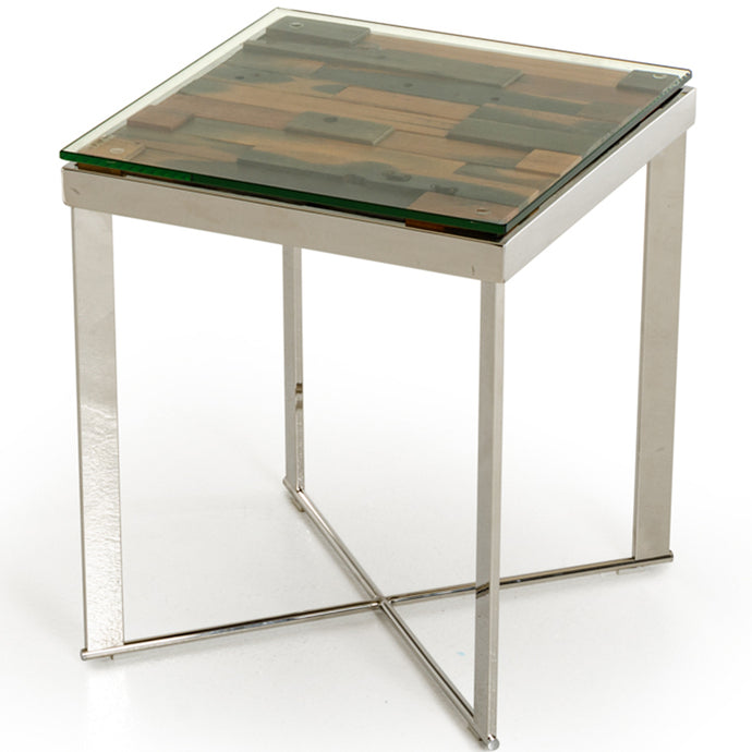 Mosaic Wood End Table, Glass Top, Stainless Steel Frame, 283176