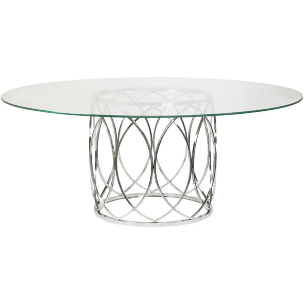 Jules | 72" Round Glass Dining Room Table, Polished Steel Base, 8 Seater, KHA-J15