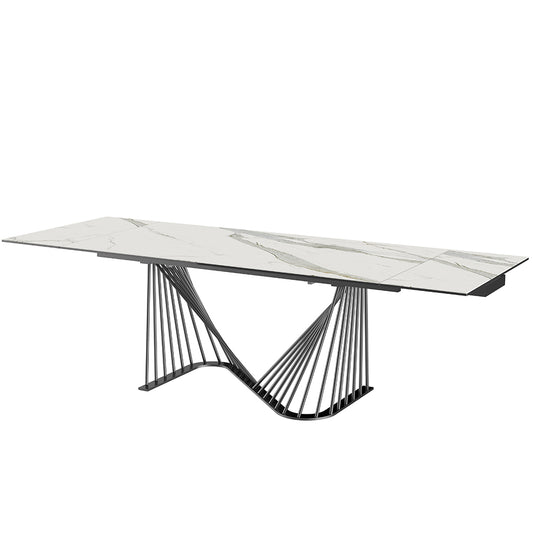 Roma | Black And White Extendable Dining Тable, Rectangular, Glass And Ceramic Top, Metal Base, DT1633E-WHT Brand: Whiteline Modern Living Size: 71inW x 35inD x 30inH, Extended: 102inW x 35inD x 30inH Weight: 225lb, Shape: Rectangular Material:  Top: Glass & White Ceramic, Base: Black Powder quoted metal base Seating Capacity: Seats 6-8 people, Color: White Top, Black Base