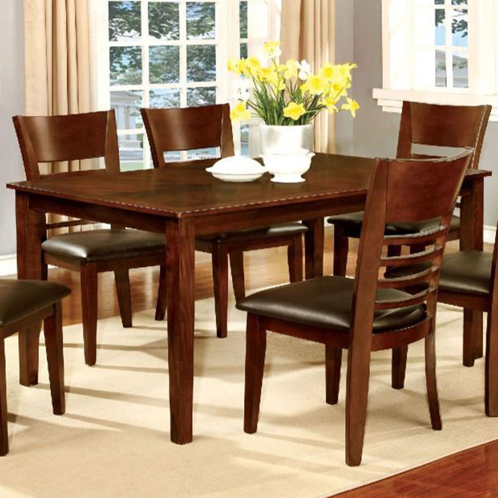 Benzara Hillsview Transitional Brown Cherry Dining Table, Rectangular, Solid Wood, BM123400 Size: 60inW x 36inD x 30inH; Weight: 70.6lb Shape: Rectangular; Material: Padded Leatherette Solid Wood Seating Capacity: Seats 4-6 people; Color: Brown Cherry