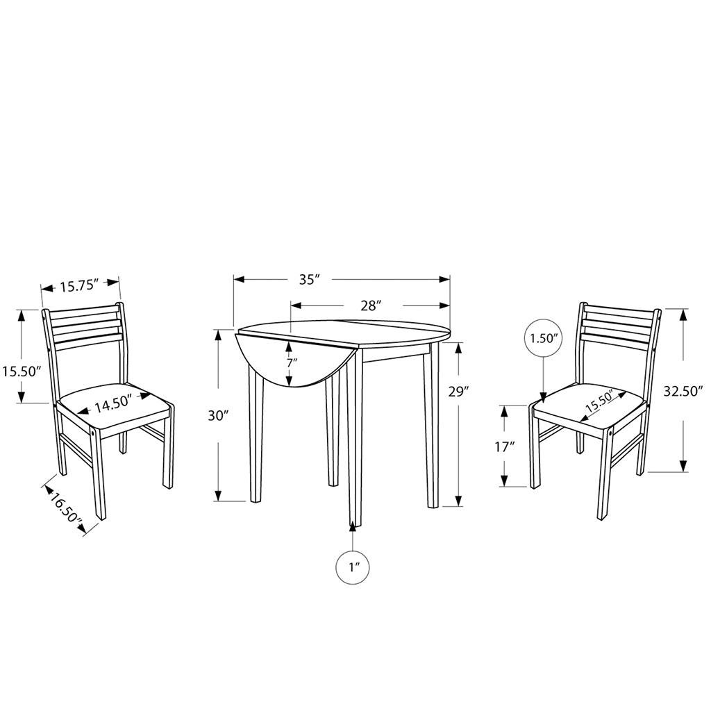 Round Drop Leaf Table For 2, Solid Wood Set With Chairs, 332560 Brand: Homeroots, Table Size: 35inW x 35inD x  30inH, Chair Size: 14.5inW x  15.5inD x  32.5inH, Seat Height: 17in, Table Shape: Round, Material: MDF & Solid Wood, Seating Capacity: Seats 2, Color: Beige & Natural Wood Color