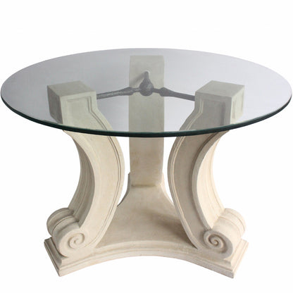 Glass Entry Table, Round, Limestone Base, Glass Top TB-G3429-42 Brand: Anderson Teak  Size: 34inW x 34inD x 29inH (Base); 42″W 42″W (Glass Top) Weight: 150lb; Shape: Round; Material: Base: Limestone ; Top: 3/8" thick glass; Color: White Natural Limestone Color